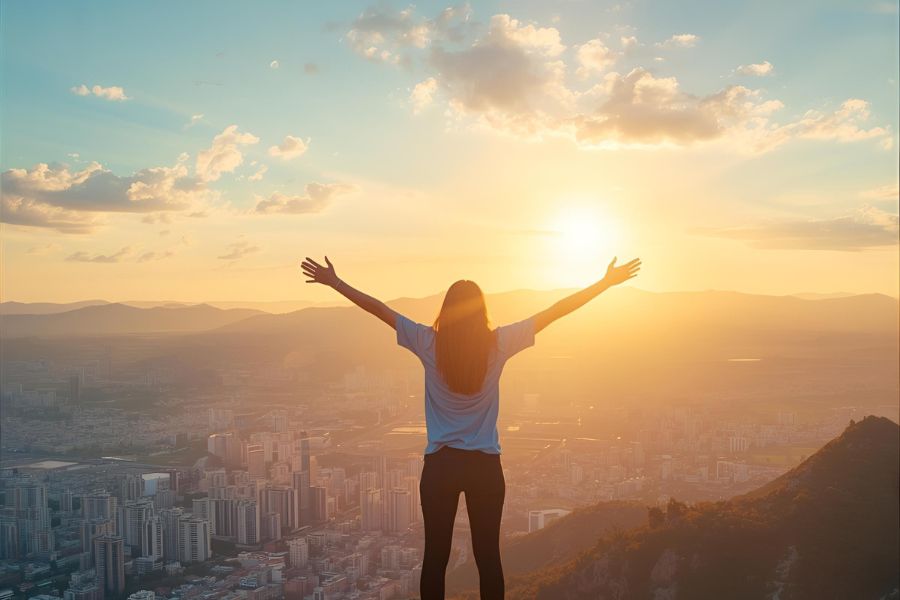 Confident woman overlooking city landscape as sun sets